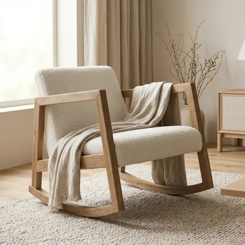 ARLO | Nordic Bouclé Rocking Chair, Solid Rubberwood