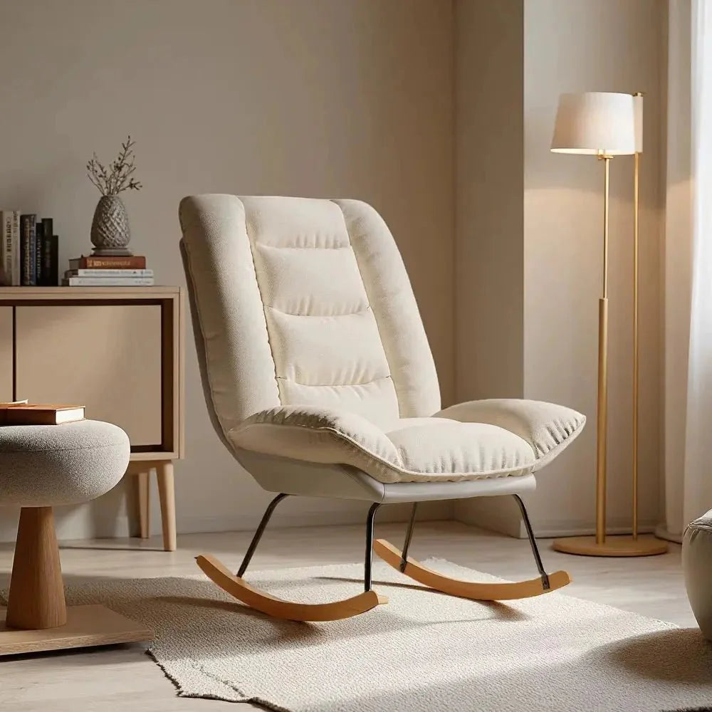 WHITBY | Reclining Linen Rocking Chair, Beech Wood Base