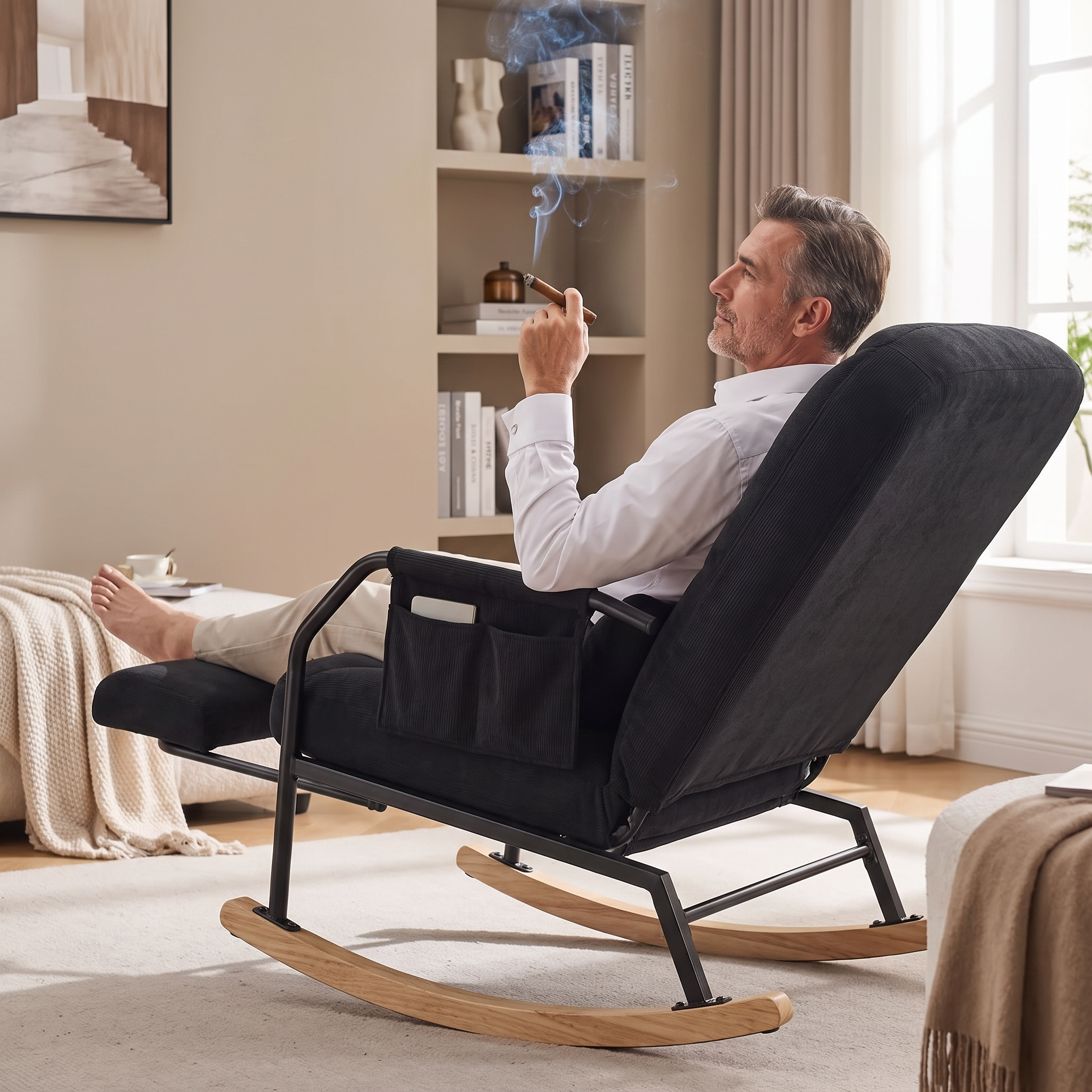 KEW | Reclining Corduroy Rocking Chair, 4 Positions with Footrest