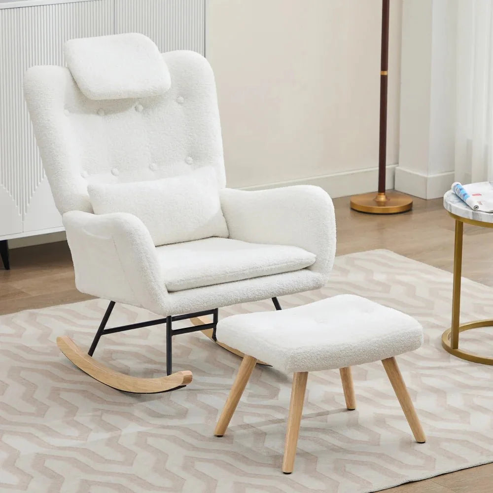 EVELYN | Ergonomic Nursing Rocking Chair, Teddy Velvet with Footrest