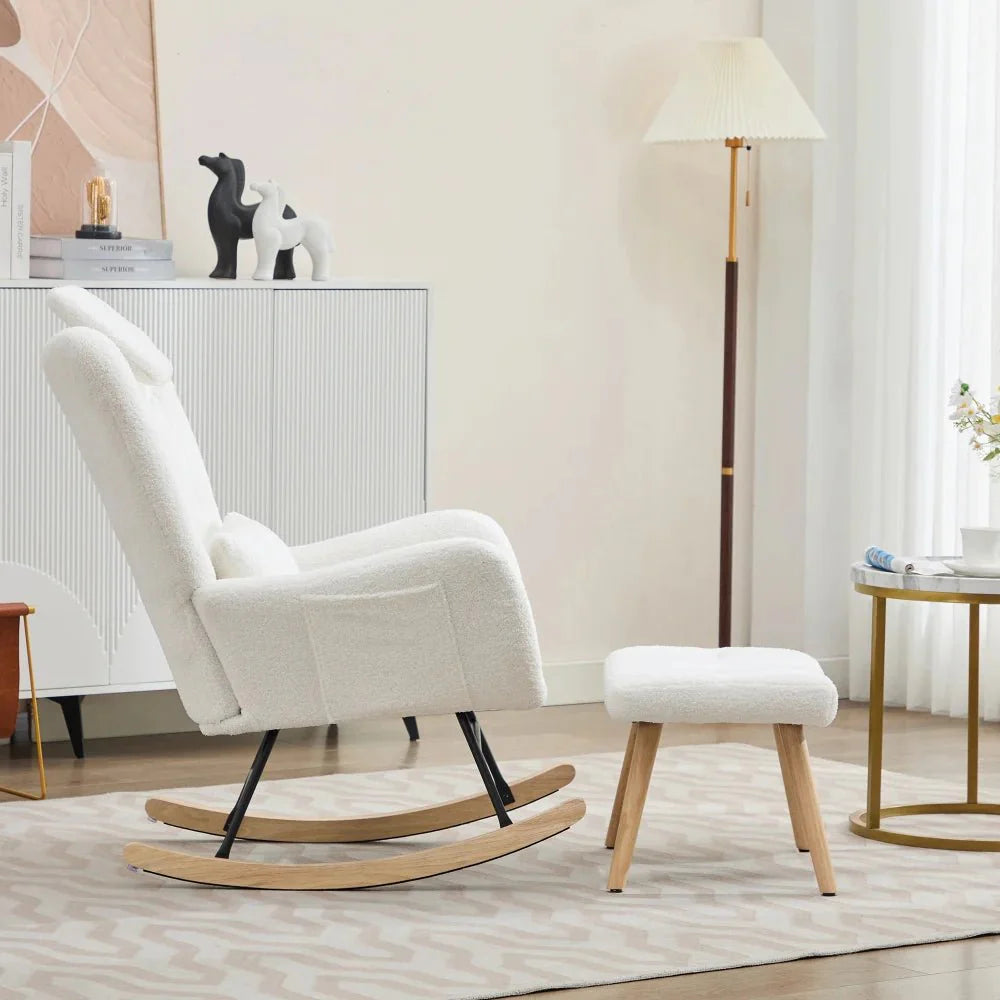 EVELYN | Ergonomic Nursing Rocking Chair, Teddy Velvet with Footrest