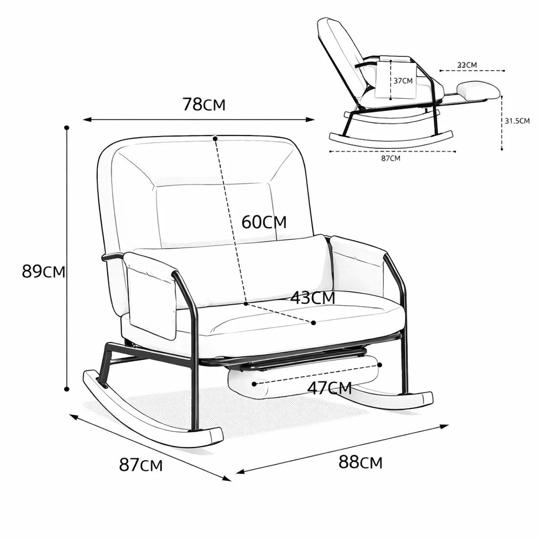 KEW | Reclining Corduroy Rocking Chair, 4 Positions with Footrest