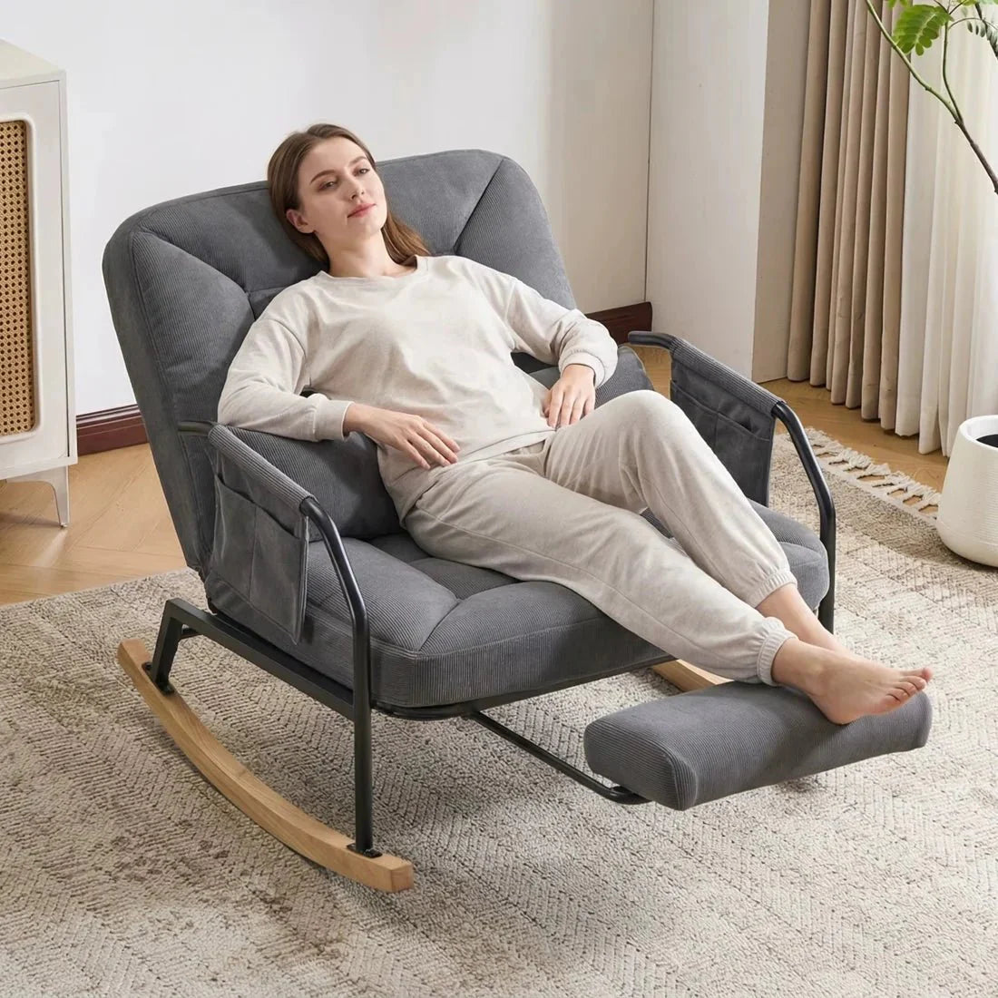 KEW | Reclining Corduroy Rocking Chair, 4 Positions with Footrest