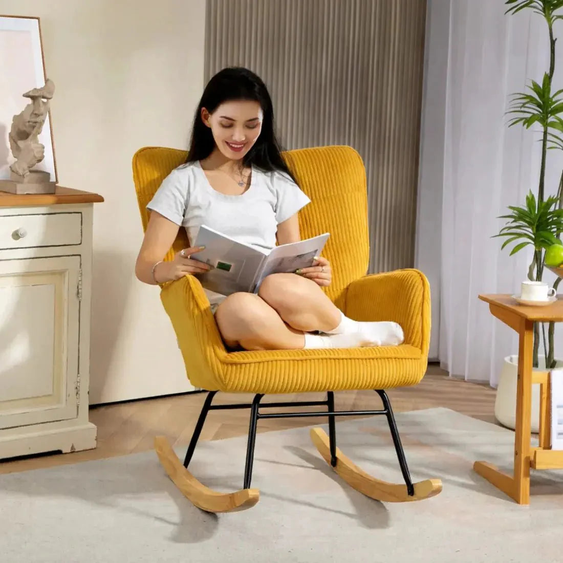 SOLENN | Corduroy Rocking Chair, Beech Wood Base