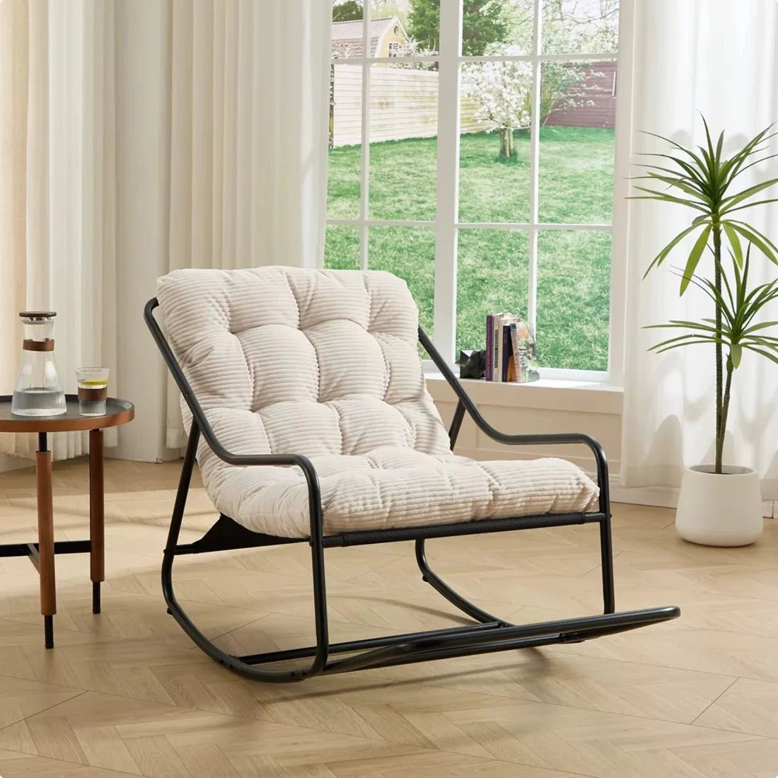 SVIKA - Rocking Chair Corduroy Capitonné & Cadre Métal Noir