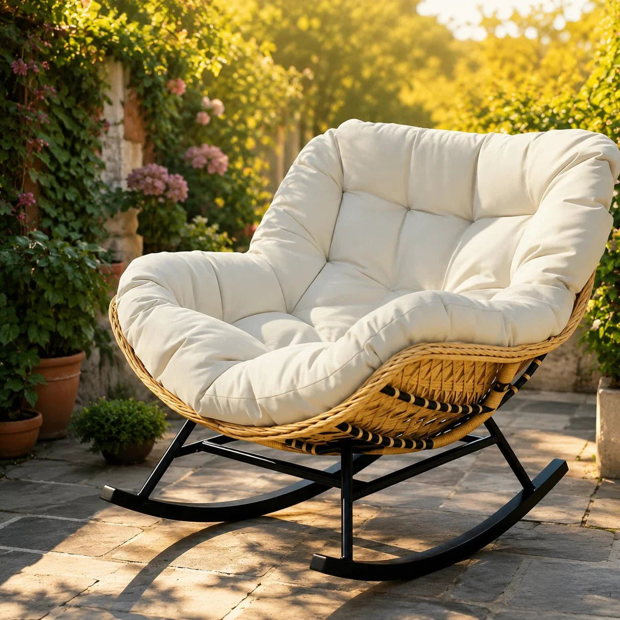 ISLA | Papasan Rocking Chair, Full Weave Rattan with Thick Cushion
