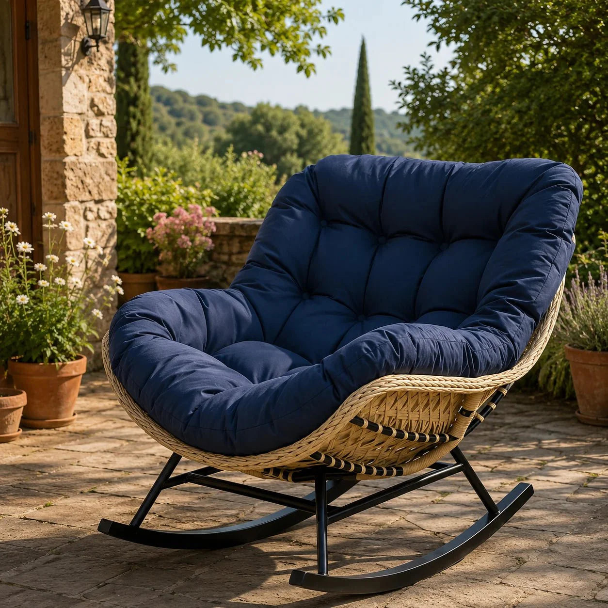 ISLA | Papasan Rocking Chair, Full Weave Rattan with Thick Cushion