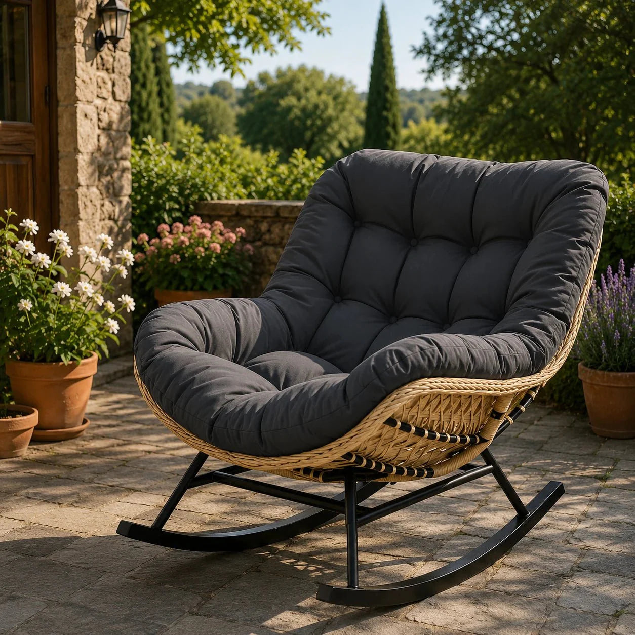 ISLA | Papasan Rocking Chair, Full Weave Rattan with Thick Cushion