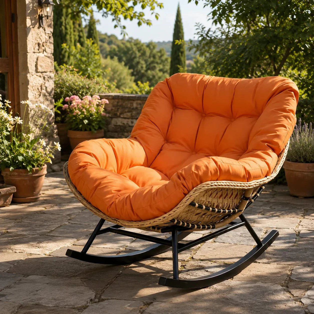 ISLA | Papasan Rocking Chair, Full Weave Rattan with Thick Cushion