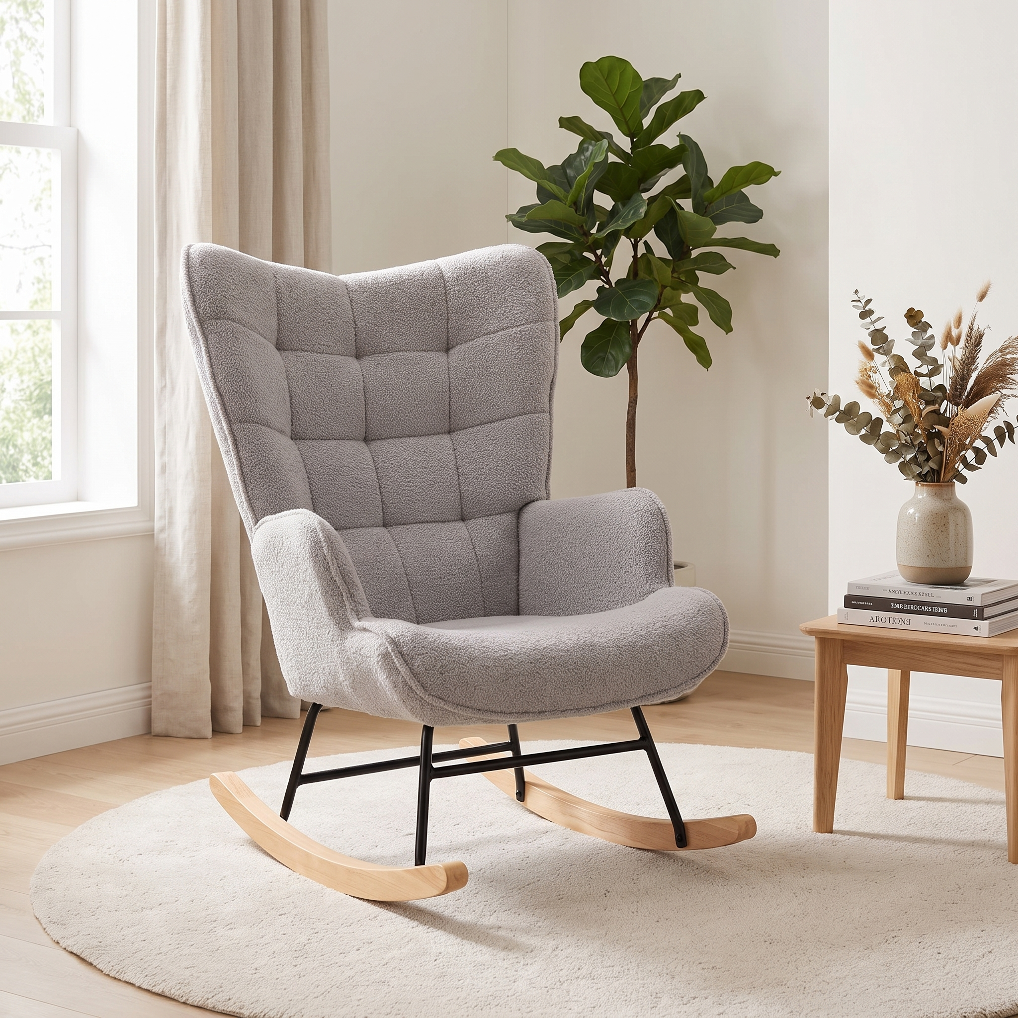 PEARL | Cocooning Teddy Rocking Chair, High Back, Solid Wood