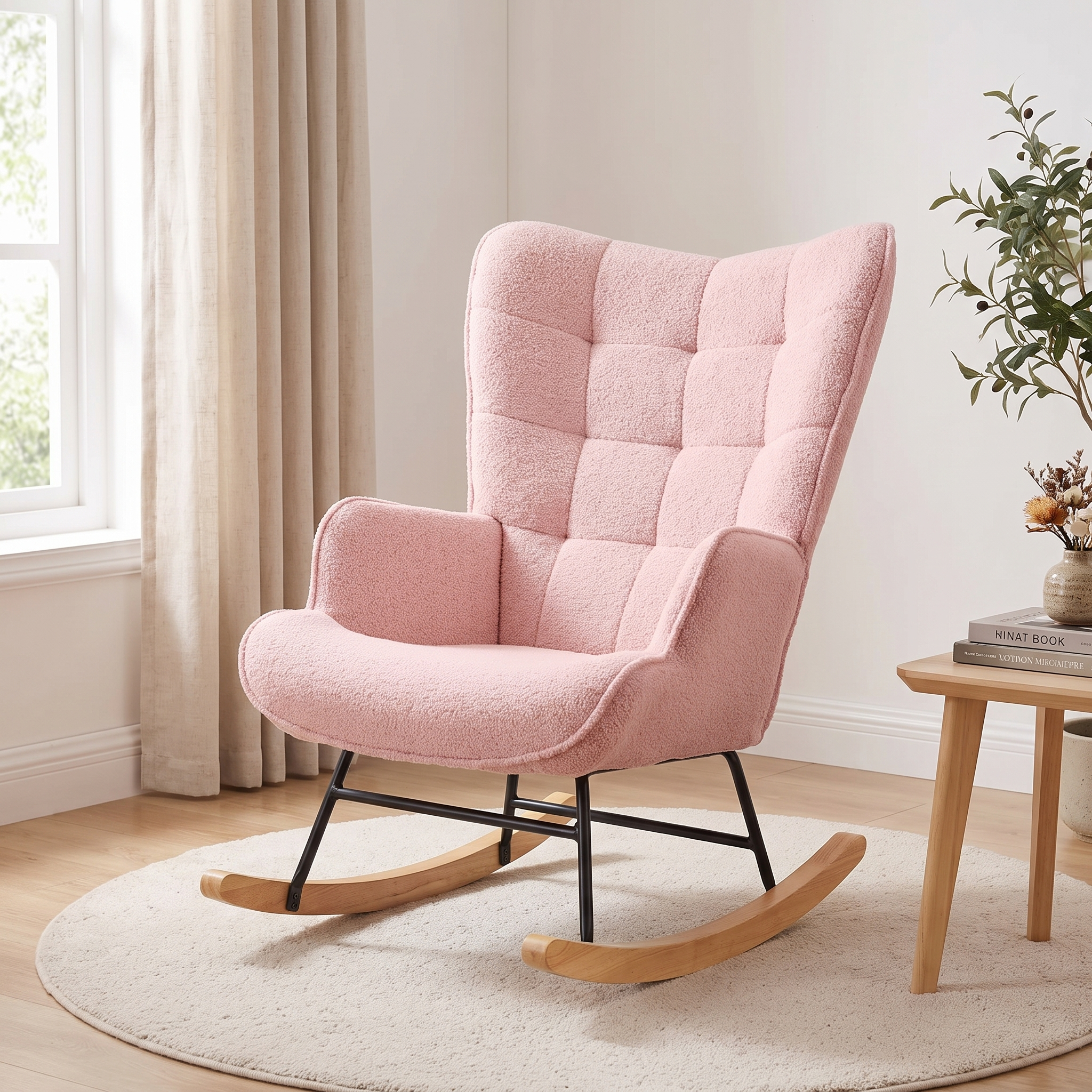 PEARL | Cocooning Teddy Rocking Chair, High Back, Solid Wood