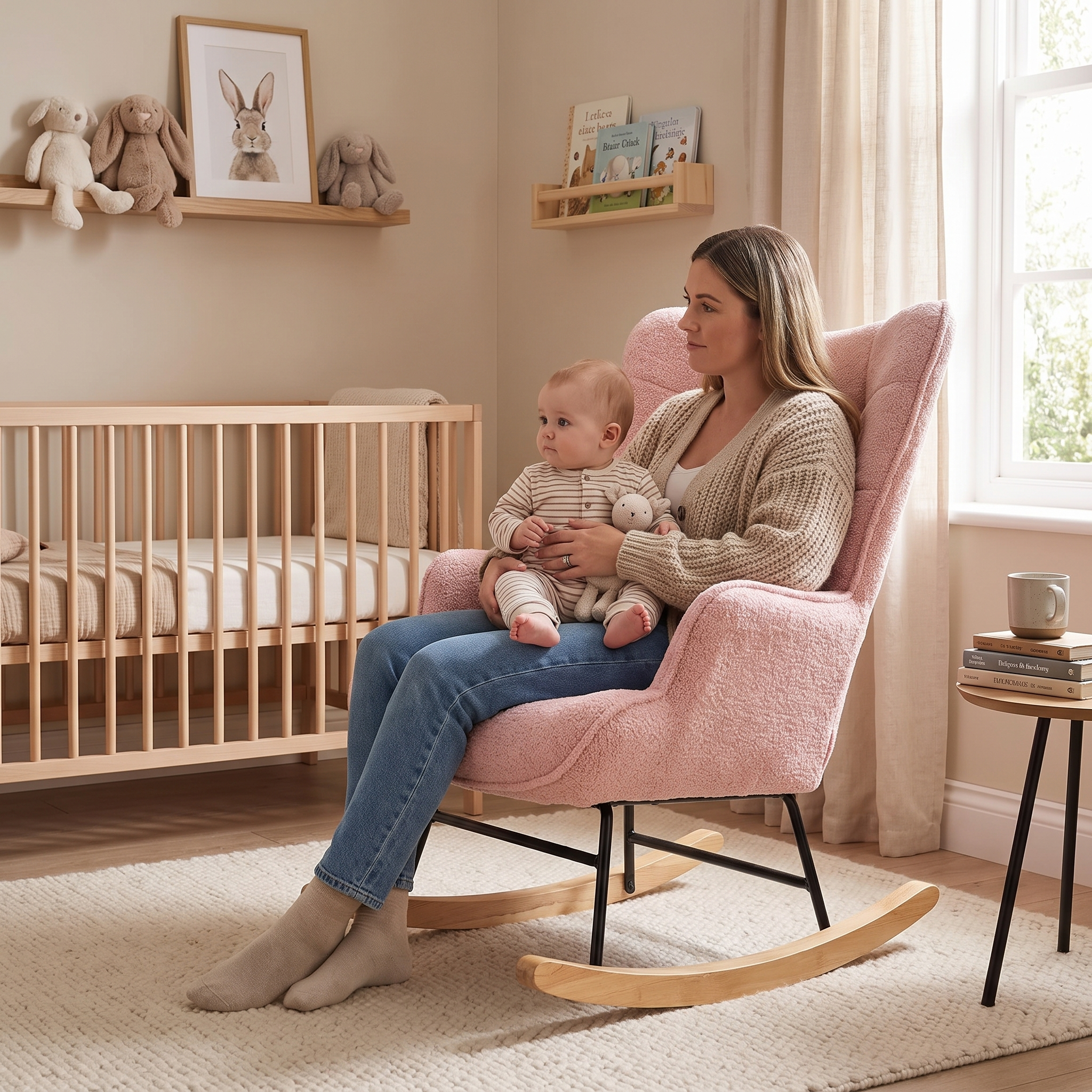 PEARL | Cocooning Teddy Rocking Chair, High Back, Solid Wood