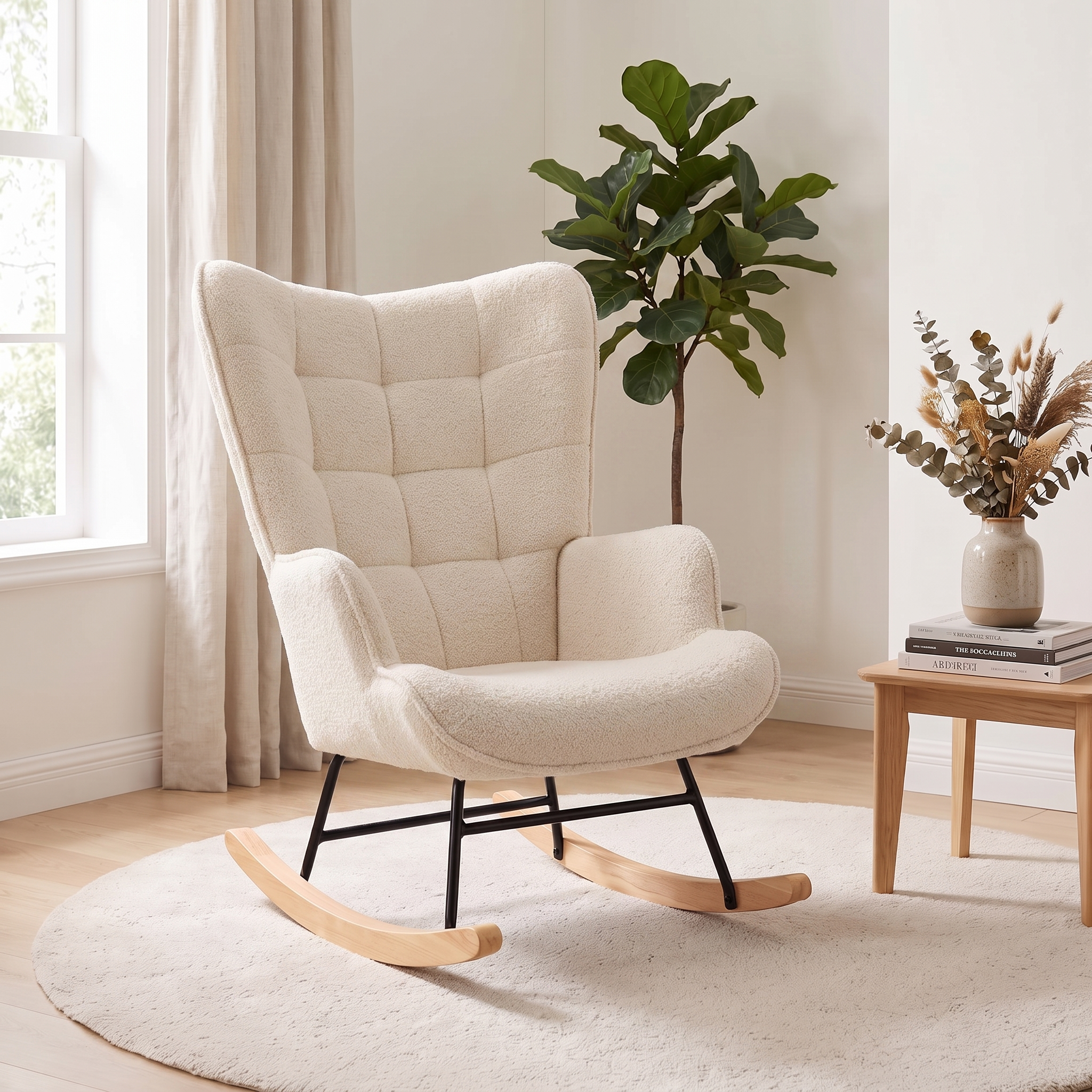 PEARL | Cocooning Teddy Rocking Chair, High Back, Solid Wood