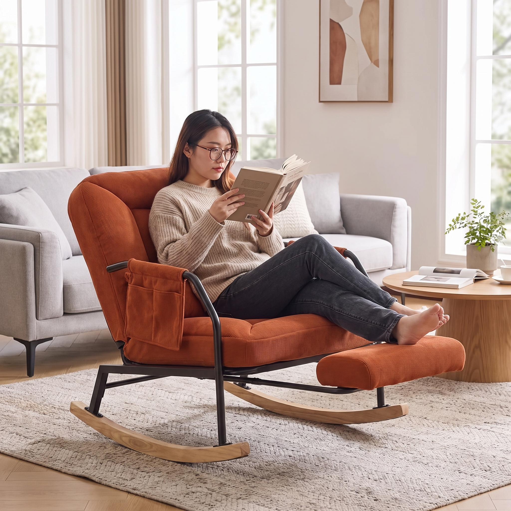 KEW | Reclining Corduroy Rocking Chair, 4 Positions with Footrest
