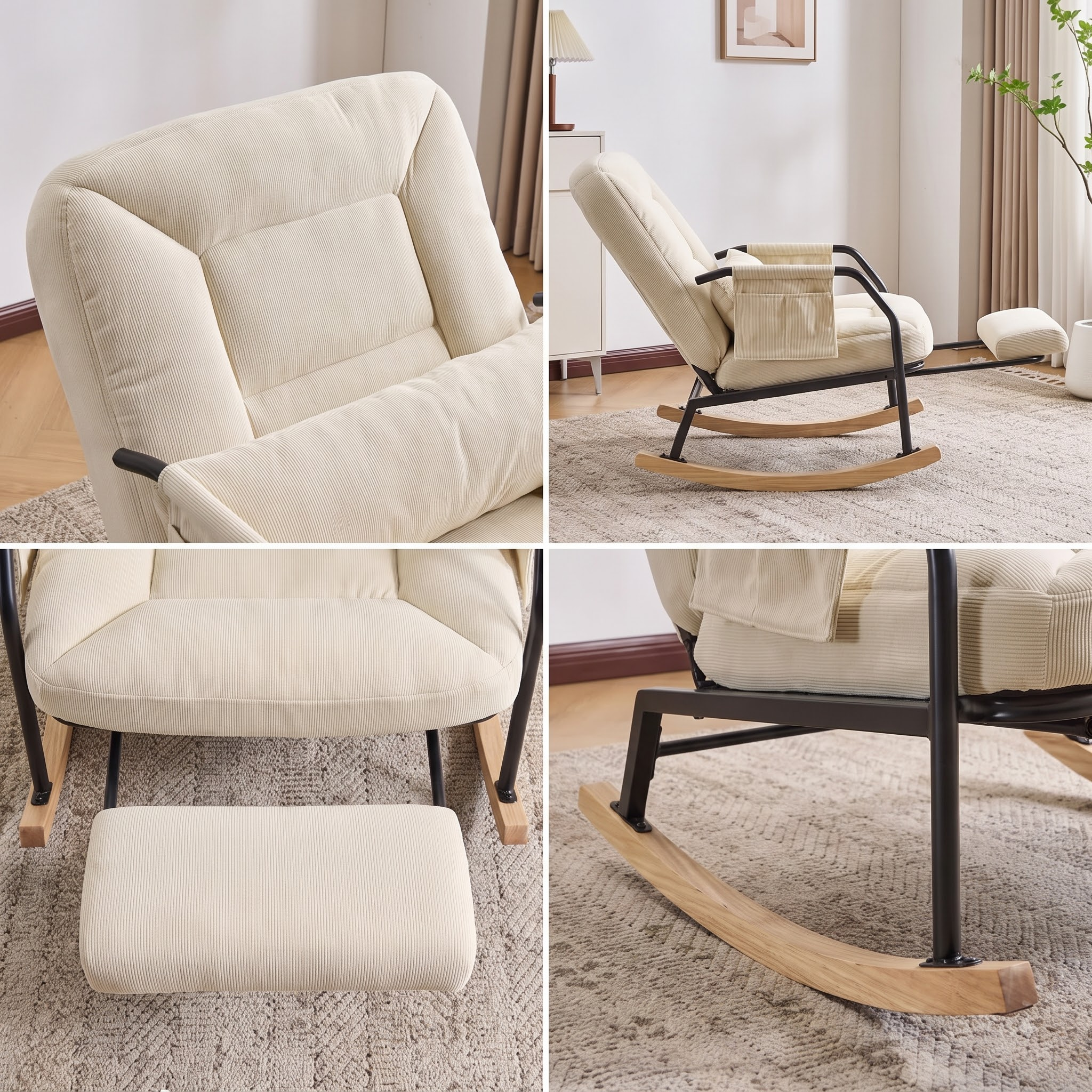 KEW | Reclining Corduroy Rocking Chair, 4 Positions with Footrest