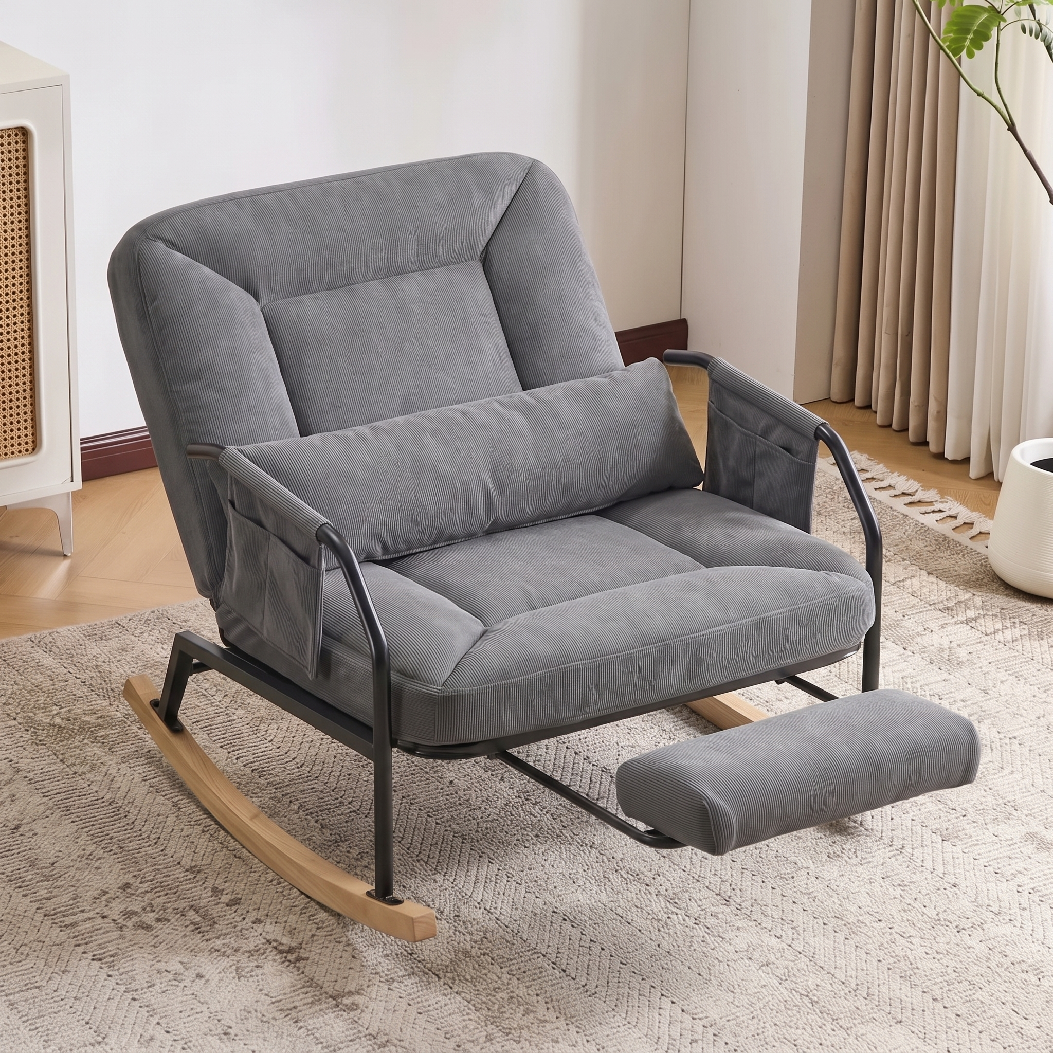 KEW | Reclining Corduroy Rocking Chair, 4 Positions with Footrest