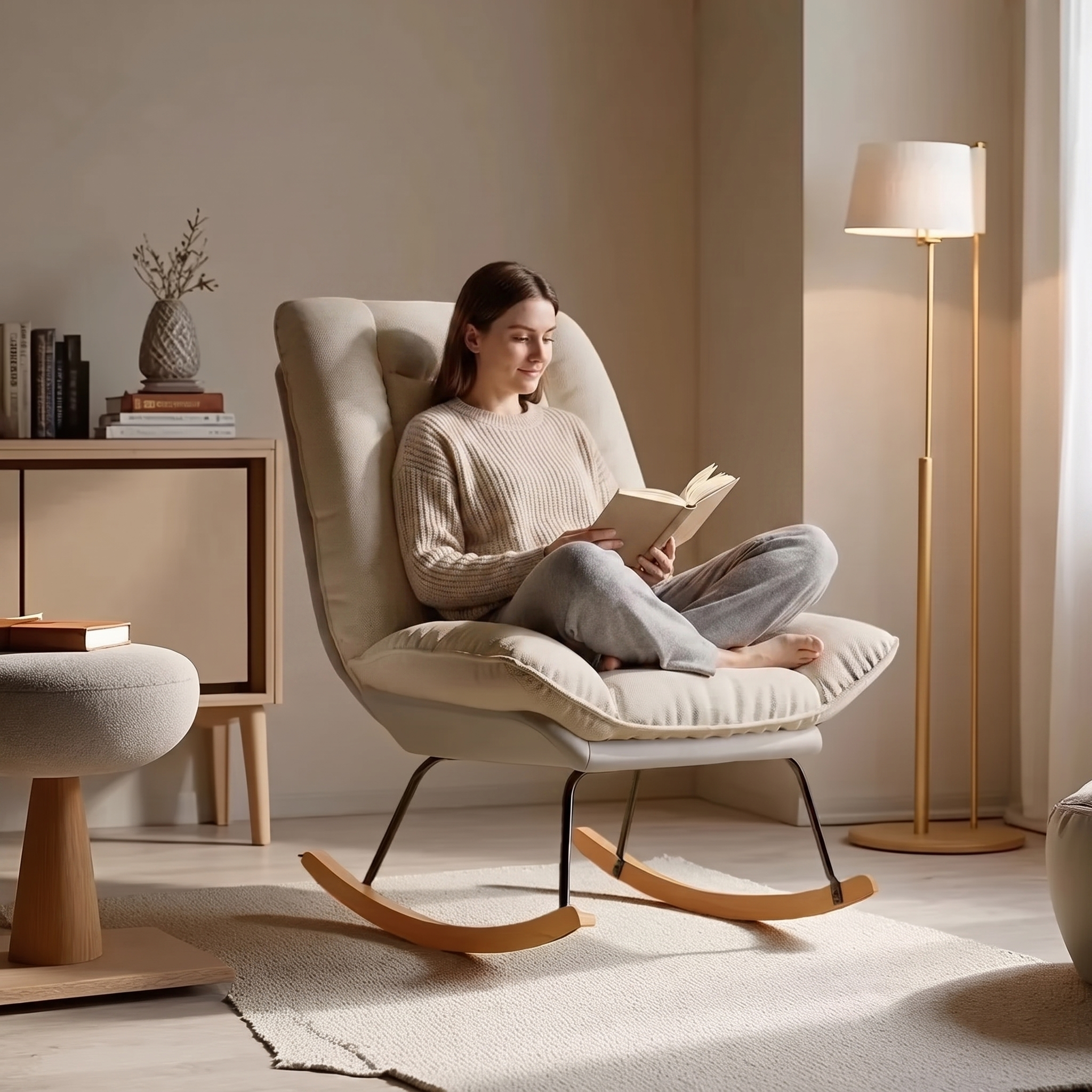 WHITBY | Reclining Linen Rocking Chair, Beech Wood Base
