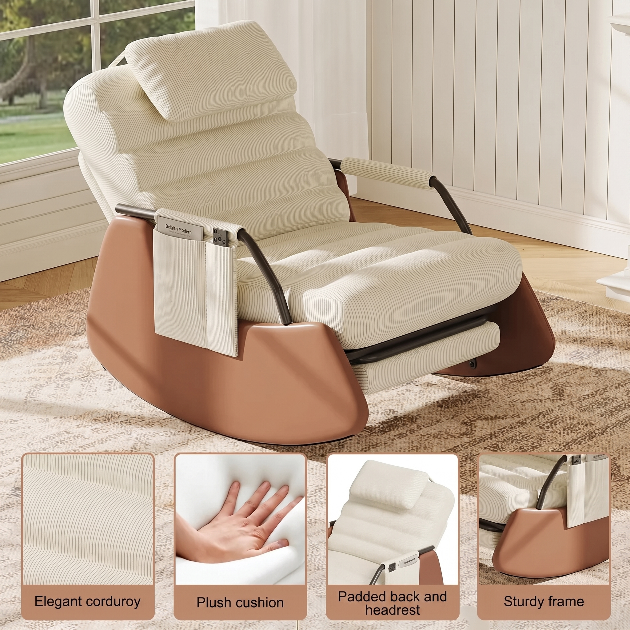 ASCOT | Sculptural Corduroy Rocking Chair, Solid Wood Shell