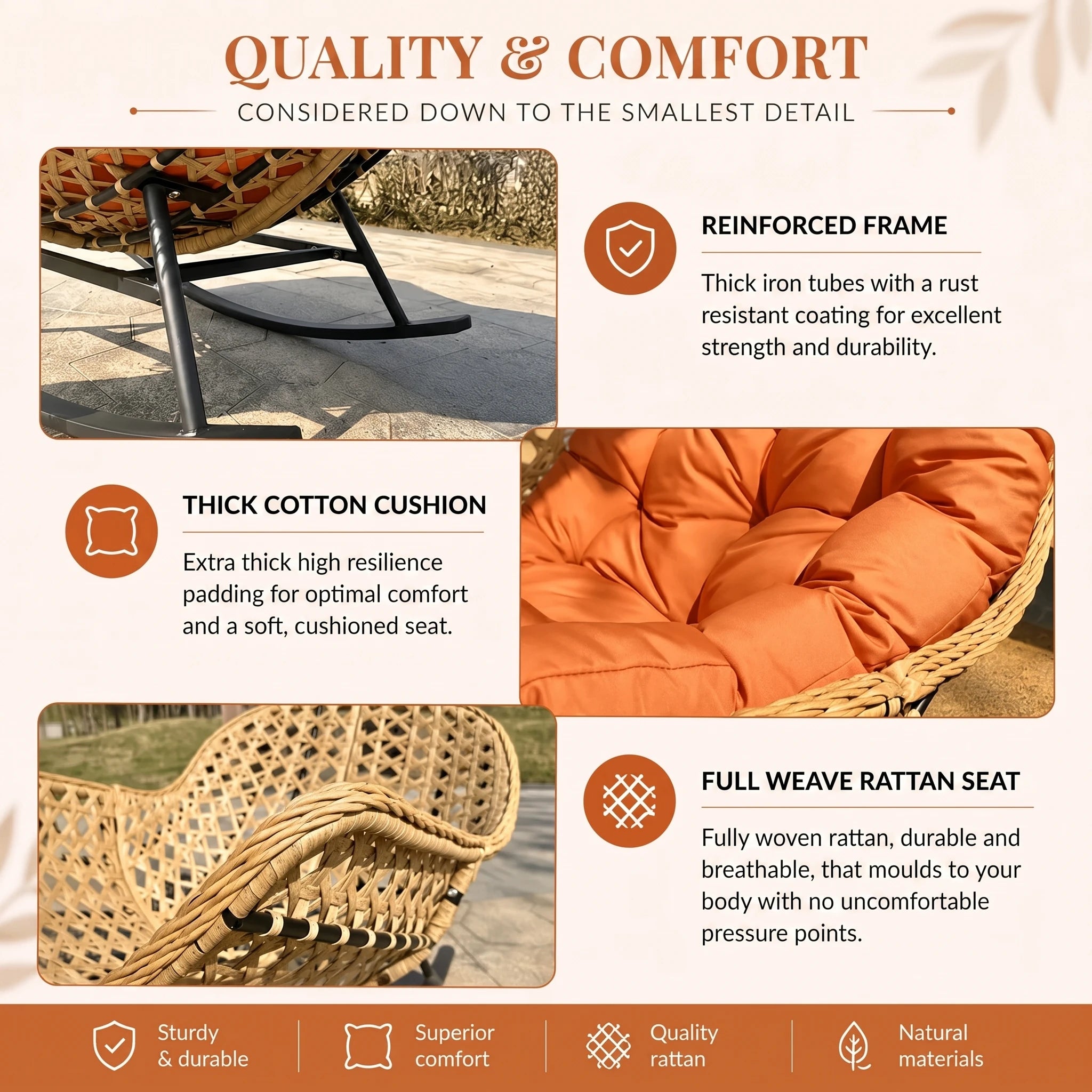 ISLA | Papasan Rocking Chair, Full Weave Rattan with Thick Cushion