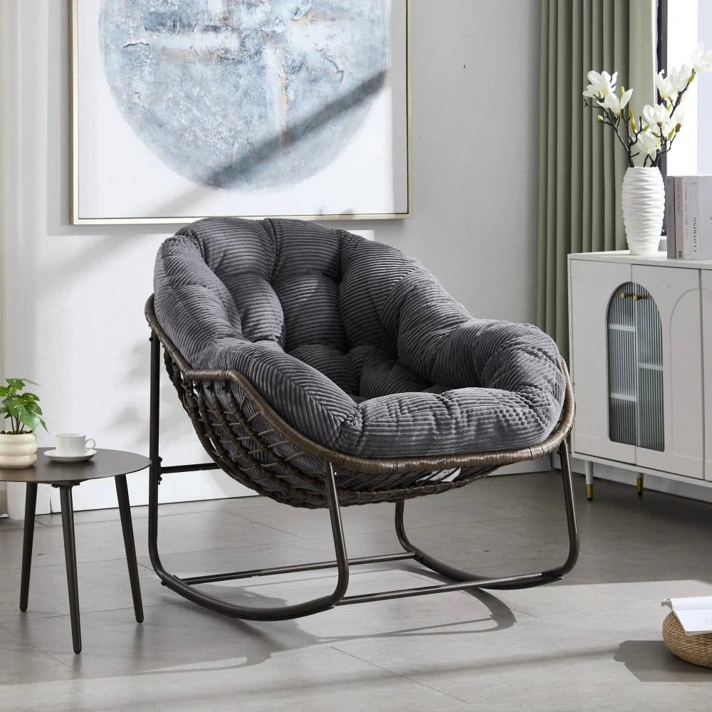 MELLOW | Papasan Rocking Chair, Rattan and Corduroy