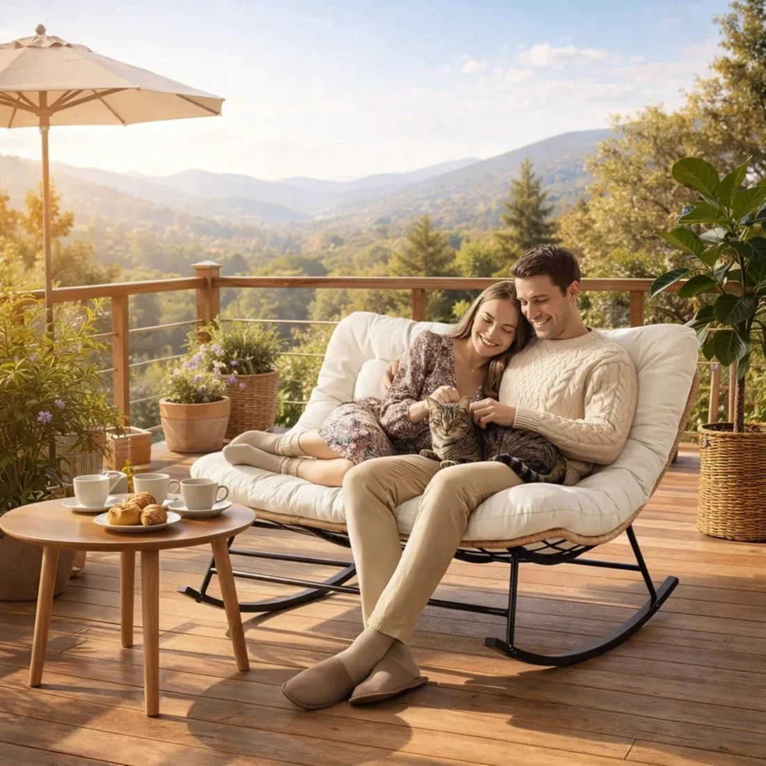 WREN | Two Seater Rattan Rocking Chair with XXL Cushion