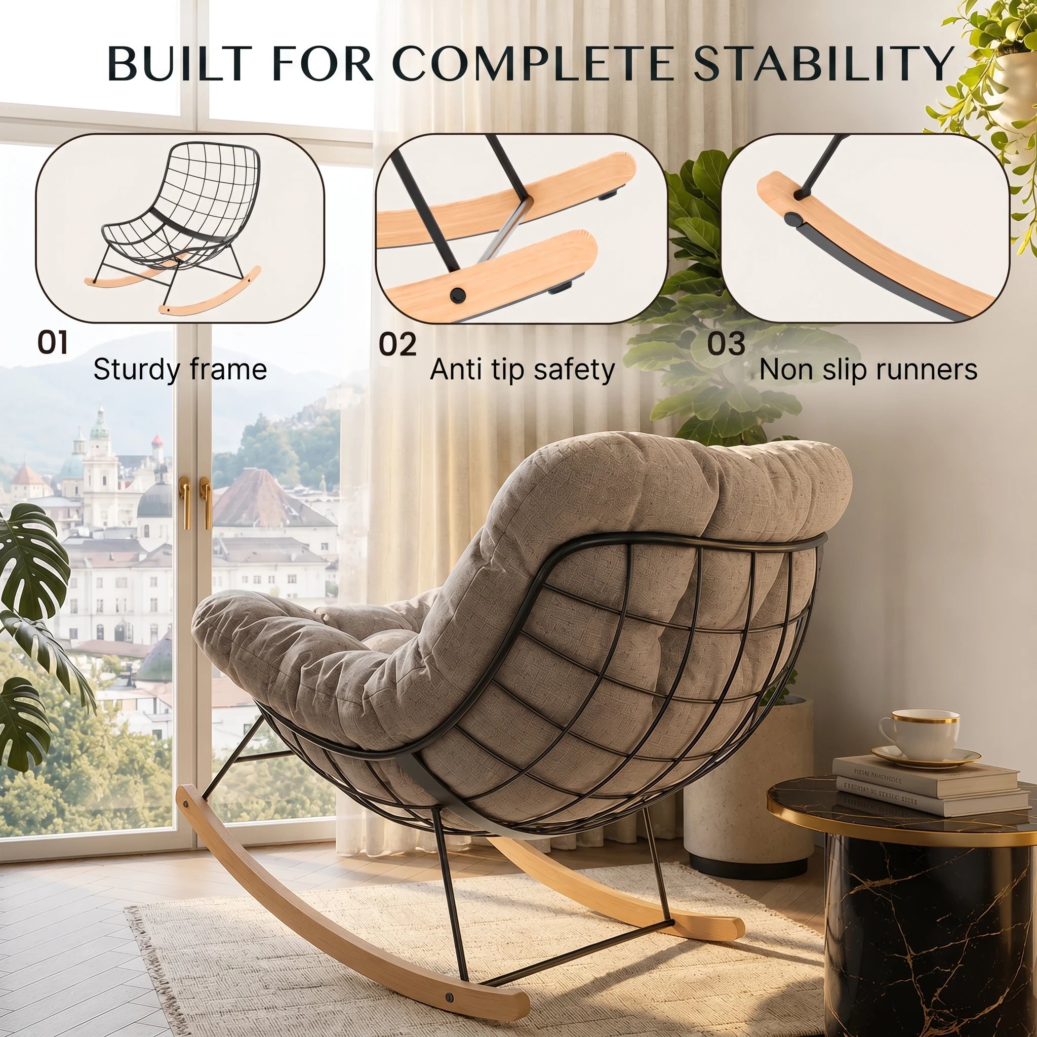 ASTER | Outdoor Rocking Chair, Steel and Maple with Thick Cushion