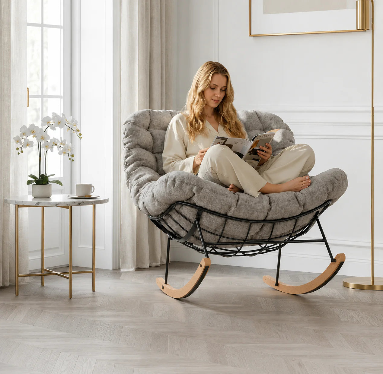 ASTER | Outdoor Rocking Chair, Steel and Maple with Thick Cushion