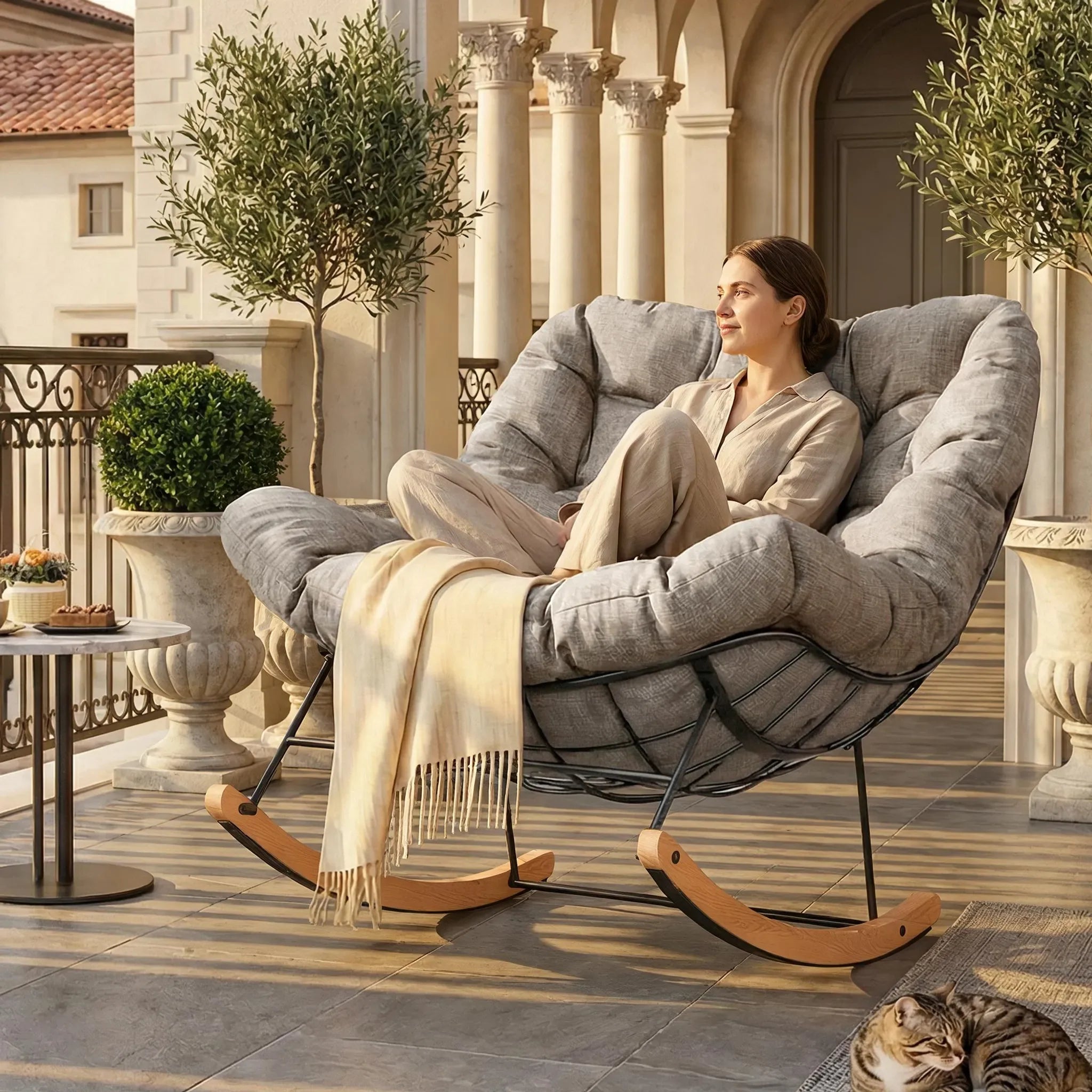 ASTER | Outdoor Rocking Chair, Steel and Maple with Thick Cushion