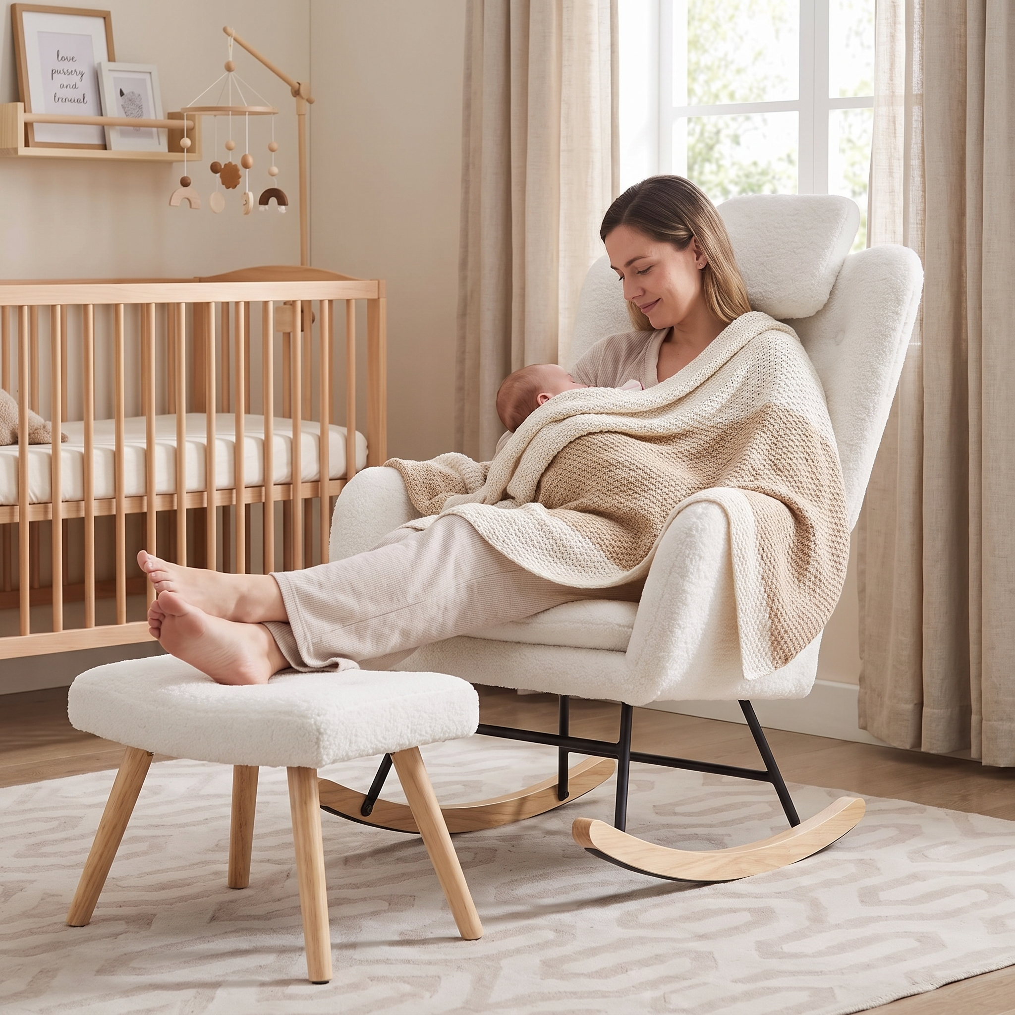 EVELYN | Ergonomic Nursing Rocking Chair, Teddy Velvet with Footrest